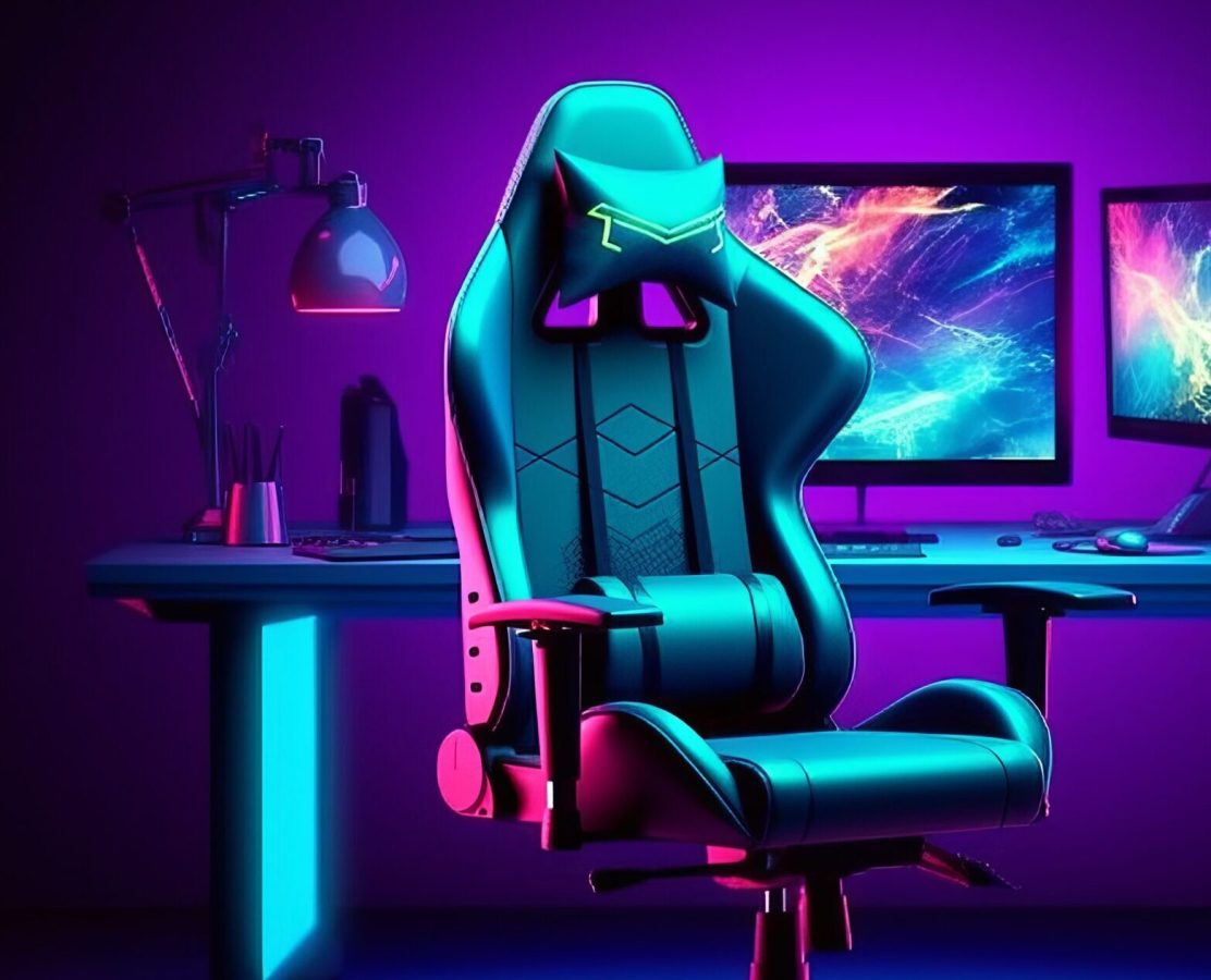 Futuristic gamer setup with computer, character, and gradient background, Generative AI